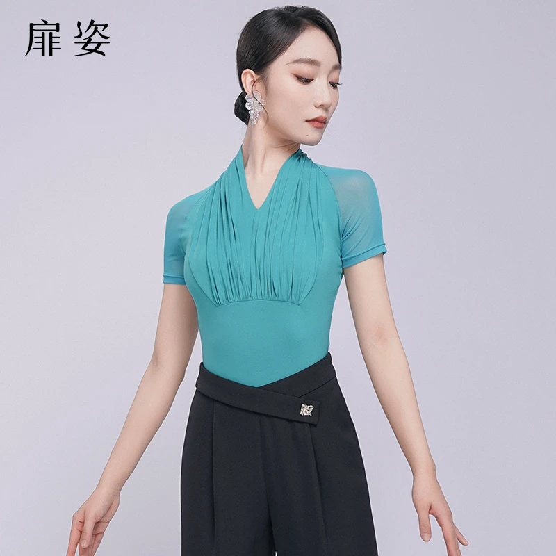 扉姿 摩登舞服女新款夏季交谊舞练功服上衣短袖拉丁舞连体衣F1260