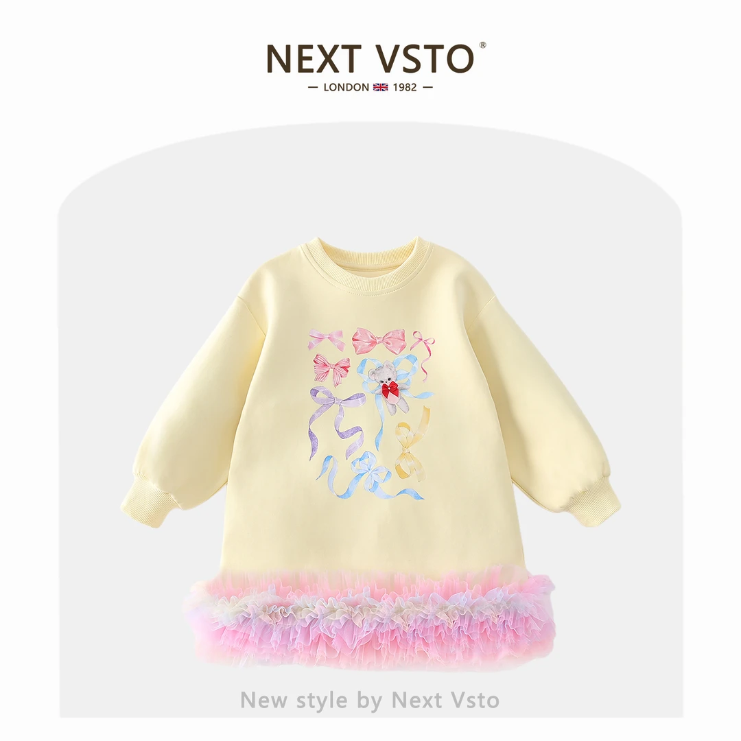 英国NEXT VSTO女童休闲卫衣裙春秋新款卡通小女孩拼接网纱连衣裙