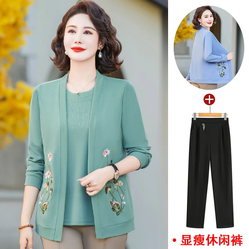本命年妈妈春装针织套装洋气别致绣花上衣中老年女装时尚毛衣外套