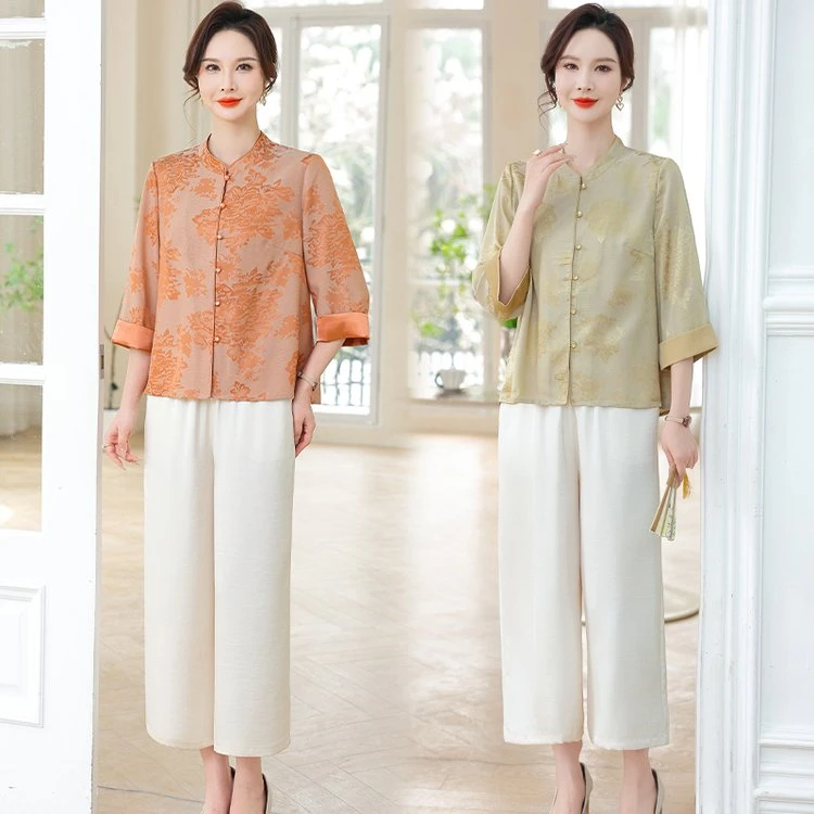 中老年女装夏季新款时尚气质洋气休闲宽松中式妈妈装套装百搭款