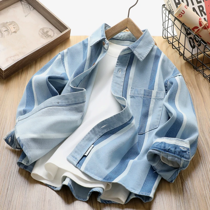 男童牛仔衬衫春秋款儿童装新款条纹口袋上衣中大童休闲长袖潮