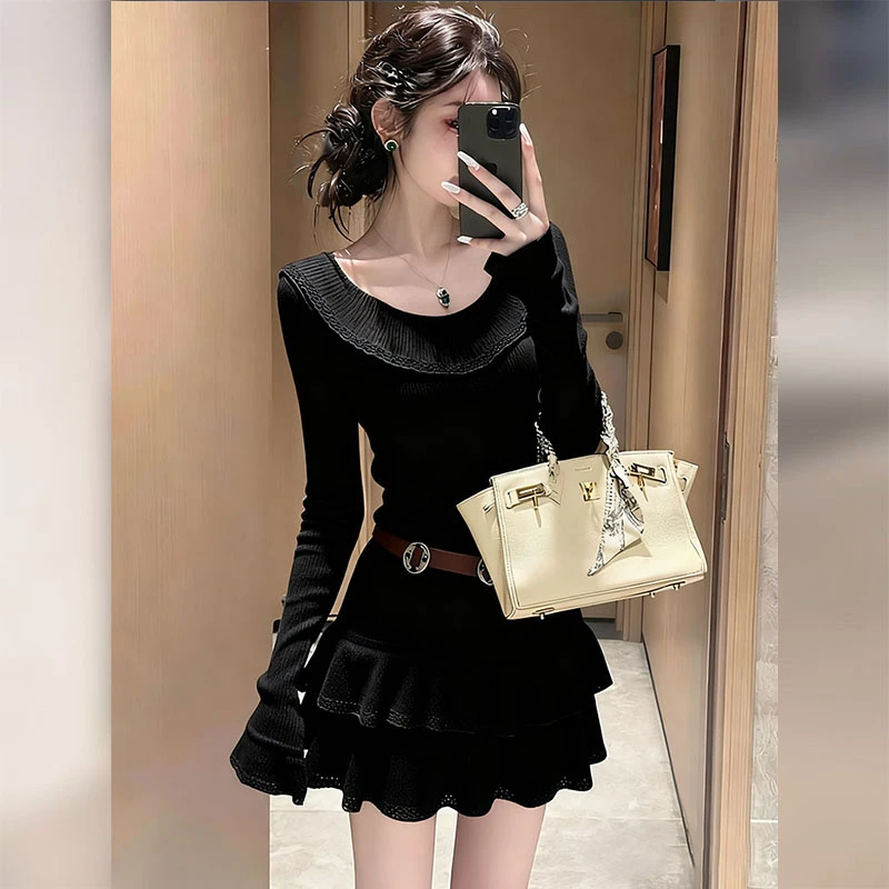 小个子大方得体女神范气质轻奢高级感巨好看的黑色针织连衣裙秋季