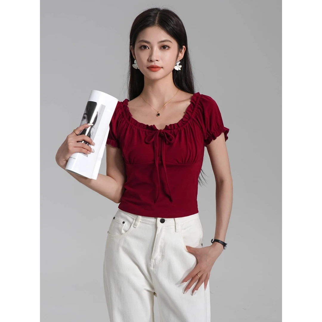 显瘦红色短袖女t恤2025新款夏u领泡泡袖百搭辣妹木耳边一字肩上衣