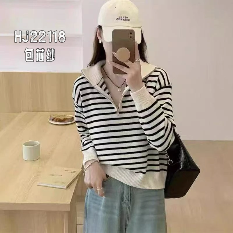 专柜撤回-羊毛-剪标女装高领拉链条纹针织衫女秋冬加厚宽松套头衣
