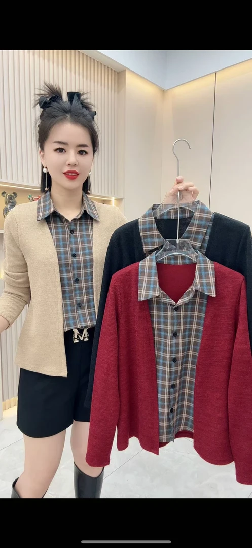 格子长袖秋季成人法式拼接假两件女装小衫