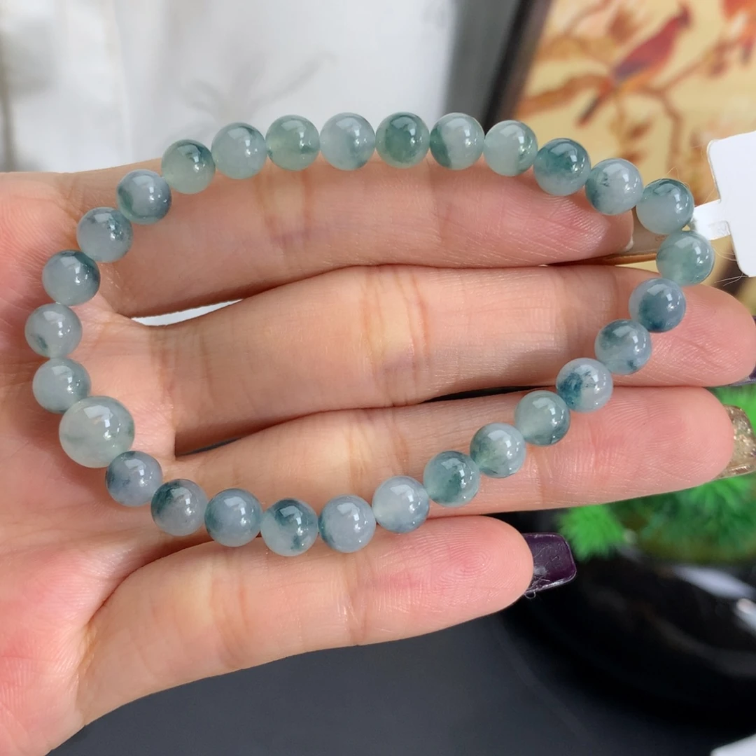 翡翠未镶嵌手串卡5.9胶润蓝飘花手串