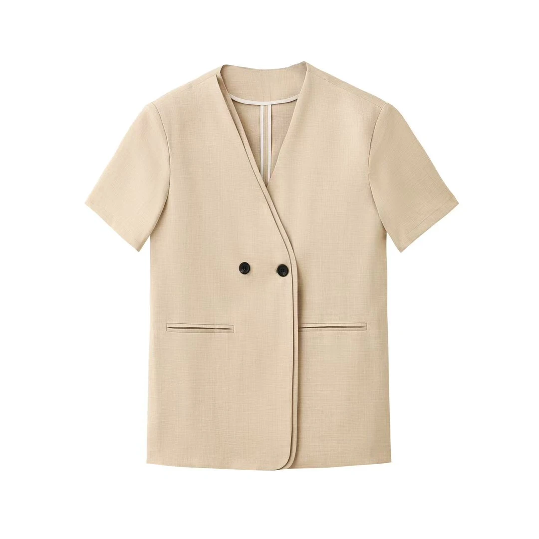 高级感双色麻V领西装外套女宽松显瘦百搭气质半袖西服上衣2556