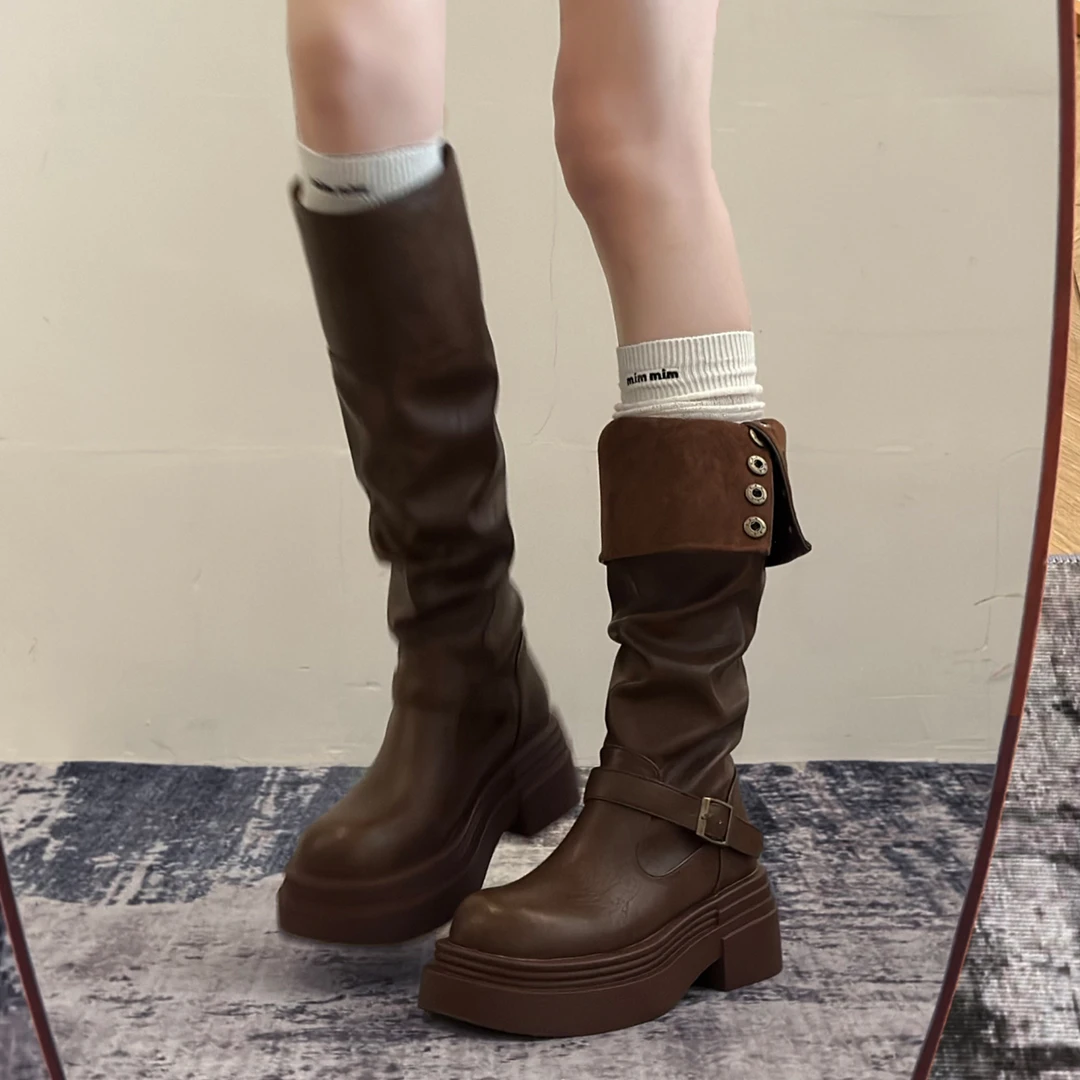 棕色复古英伦风粗跟厚底长筒靴女2025新款秋冬季显瘦长靴骑士靴子