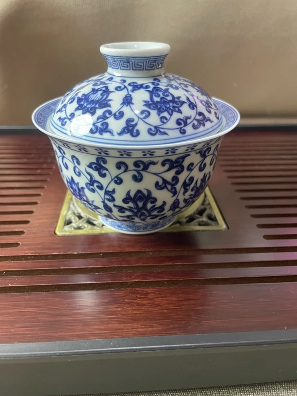 青花缠枝莲二才复古陶瓷盖碗泡茶青花瓷盖碗花纹小盖碗青花瓷茶具