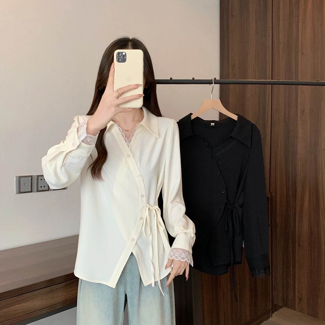 长大码女2025年秋季法式小衫设计感显瘦小众不规则绑带衬衫63950