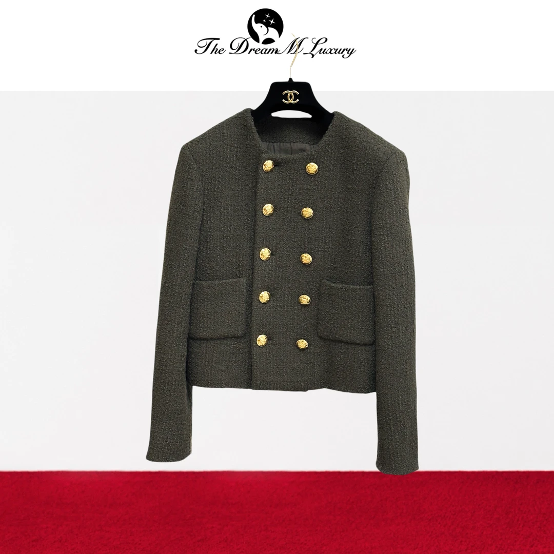 99新 Celine/思琳 36码军绿色经典双排扣圆领粗花呢外套