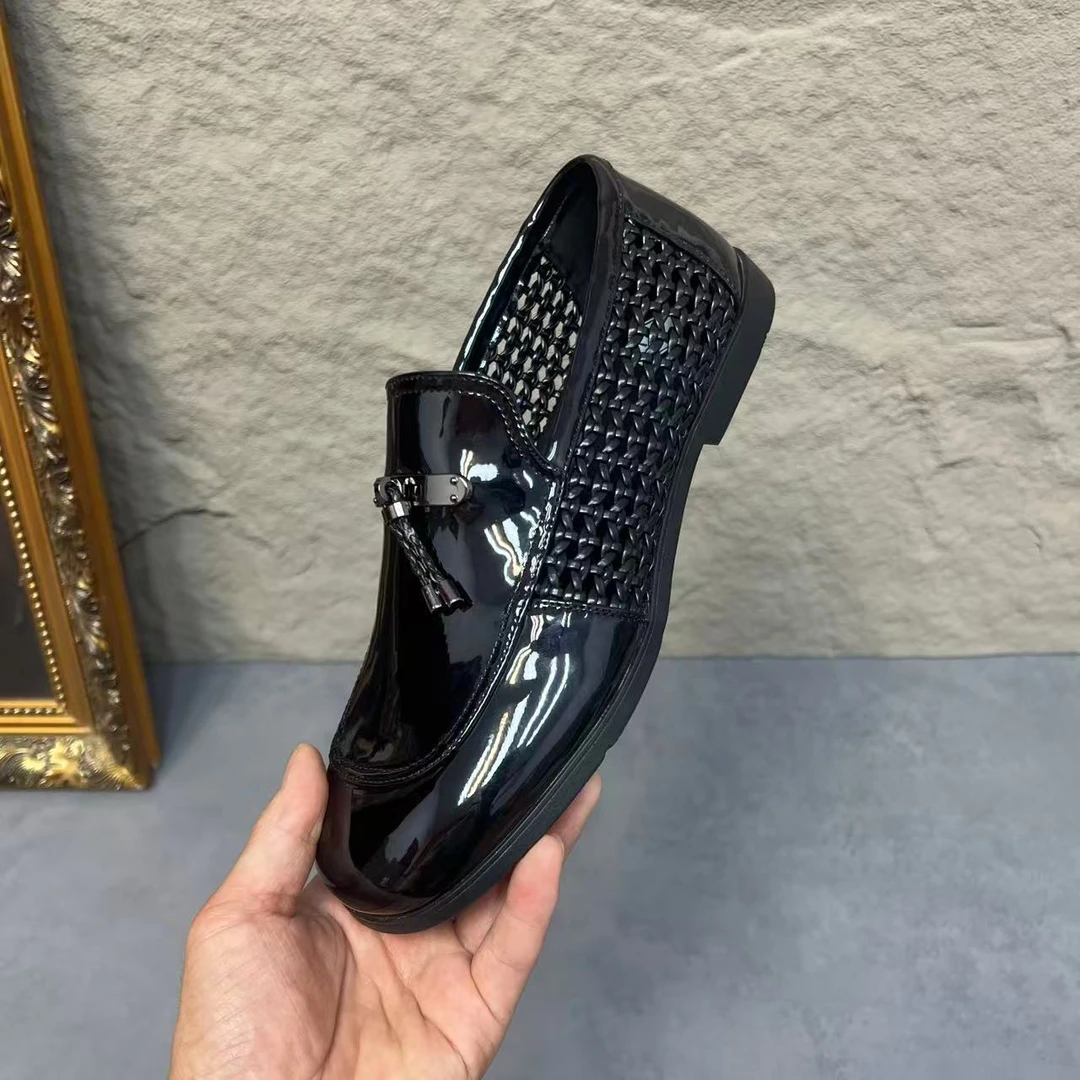 新款夏季男鞋一脚蹬商务休闲时尚百搭真皮编织男休闲鞋豆豆鞋