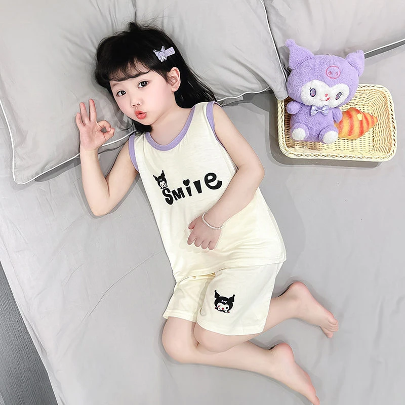 儿童冰丝睡衣夏季薄款女童卡通背心家居服套装女孩宝宝夏天空调服