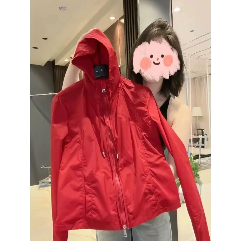 欧货红色连帽防晒衣女2025夏季新款宽松显瘦减龄休闲百搭短款外套