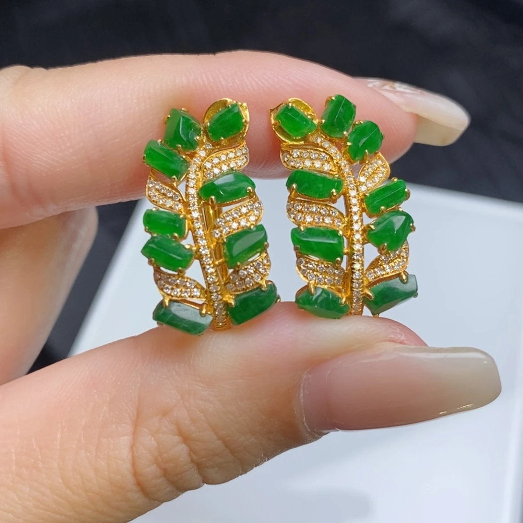 翡翠18K金镶嵌耳饰随形麦穗
