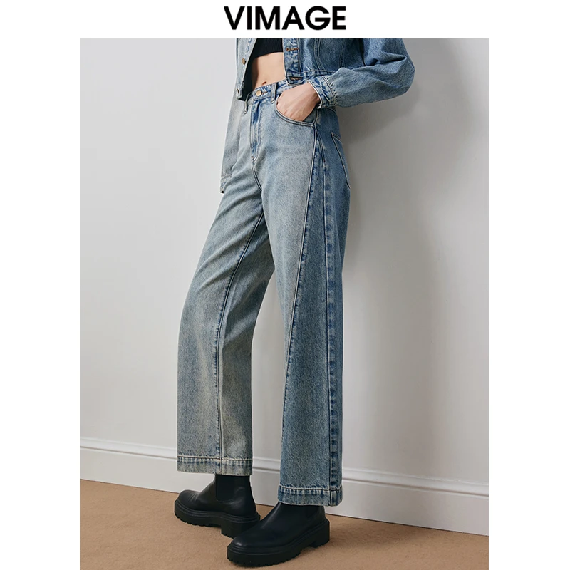 VIMAGE纬漫纪新款时尚通勤休闲显瘦高腰百搭牛仔裤V2005618