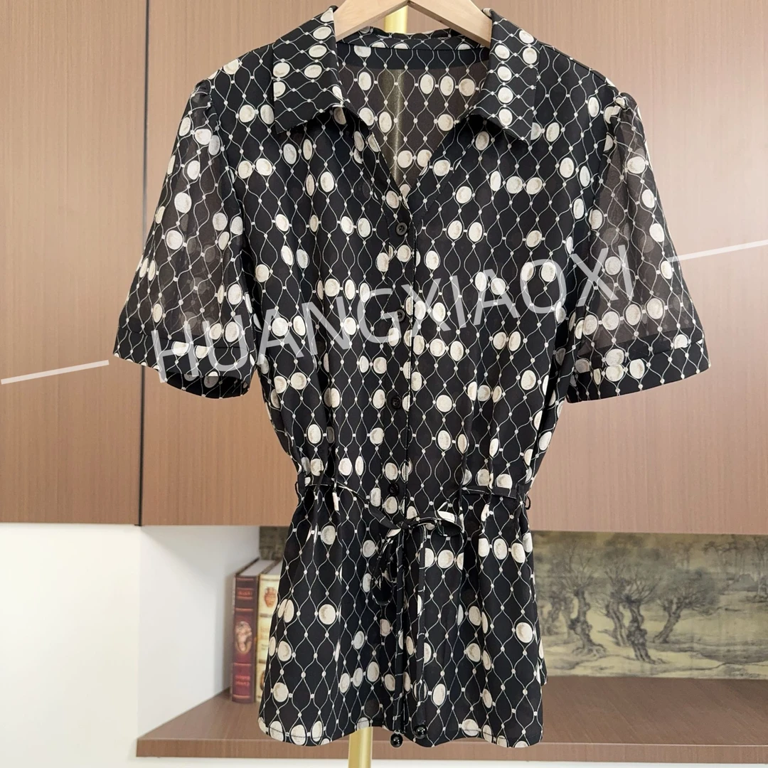 HUANGXIAOXI 珍珠波点抽绳款翻领开衫气质小衫 HXX-169