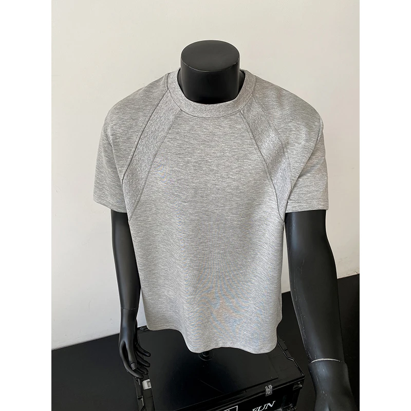 美式太空棉boxy短袖男夏季高街小众拼接纯色T恤重磅潮牌宽松半袖