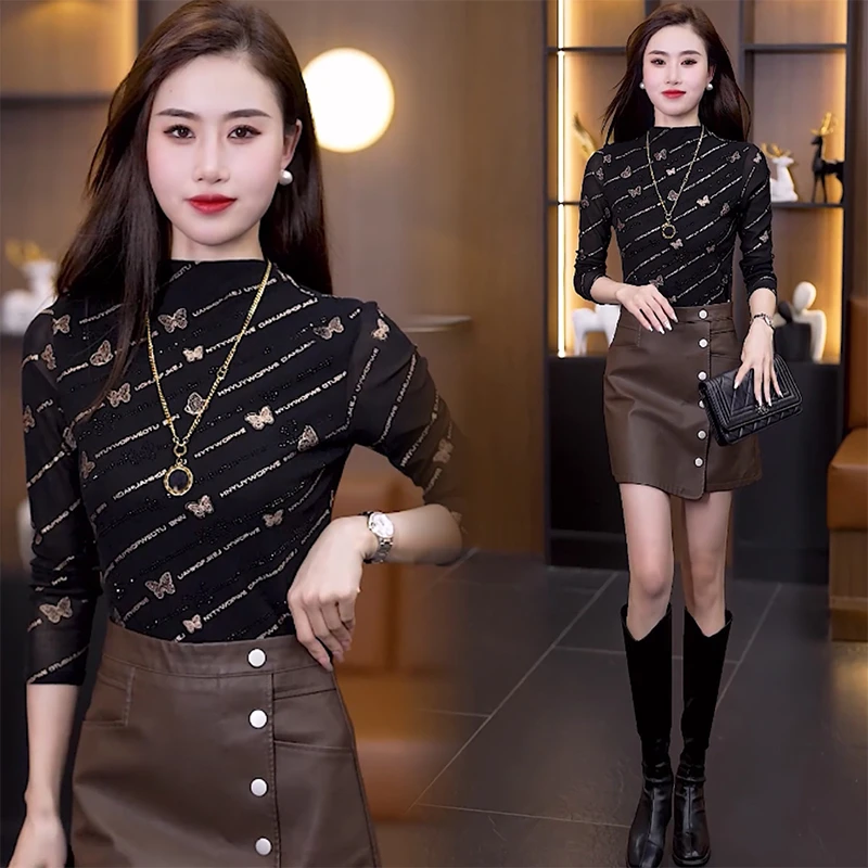 半高领时尚烫钻洋气加厚打底衫秋季新款百搭长袖女款圆领t恤上衣