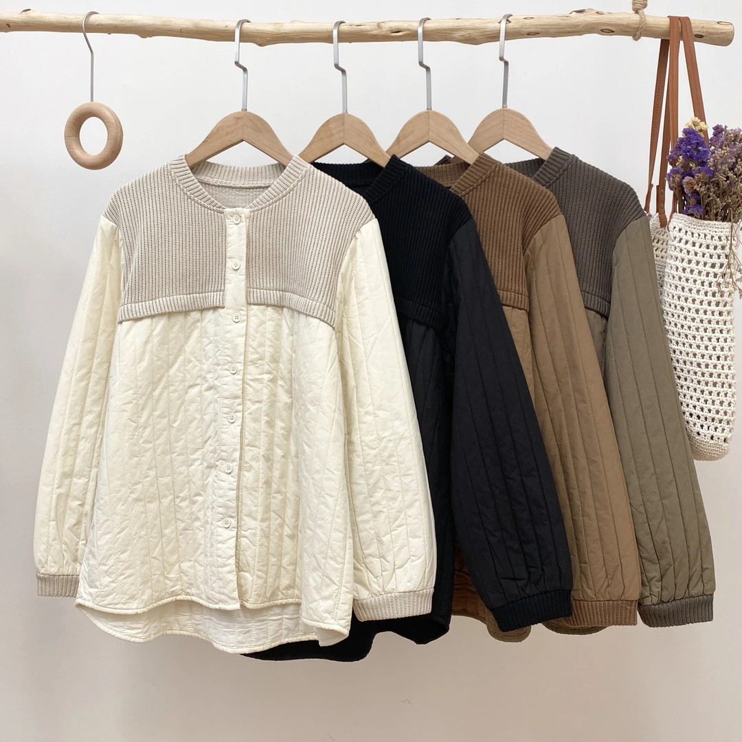 【拼接针织竖条绗棉棉服外套】4572