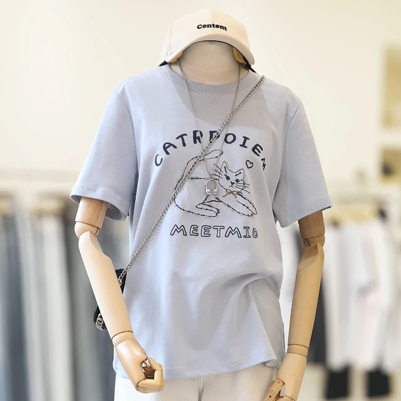 大码女装猫咪刺绣短袖t恤正肩内搭打底衫胖mm上衣遮肉显瘦/25111
