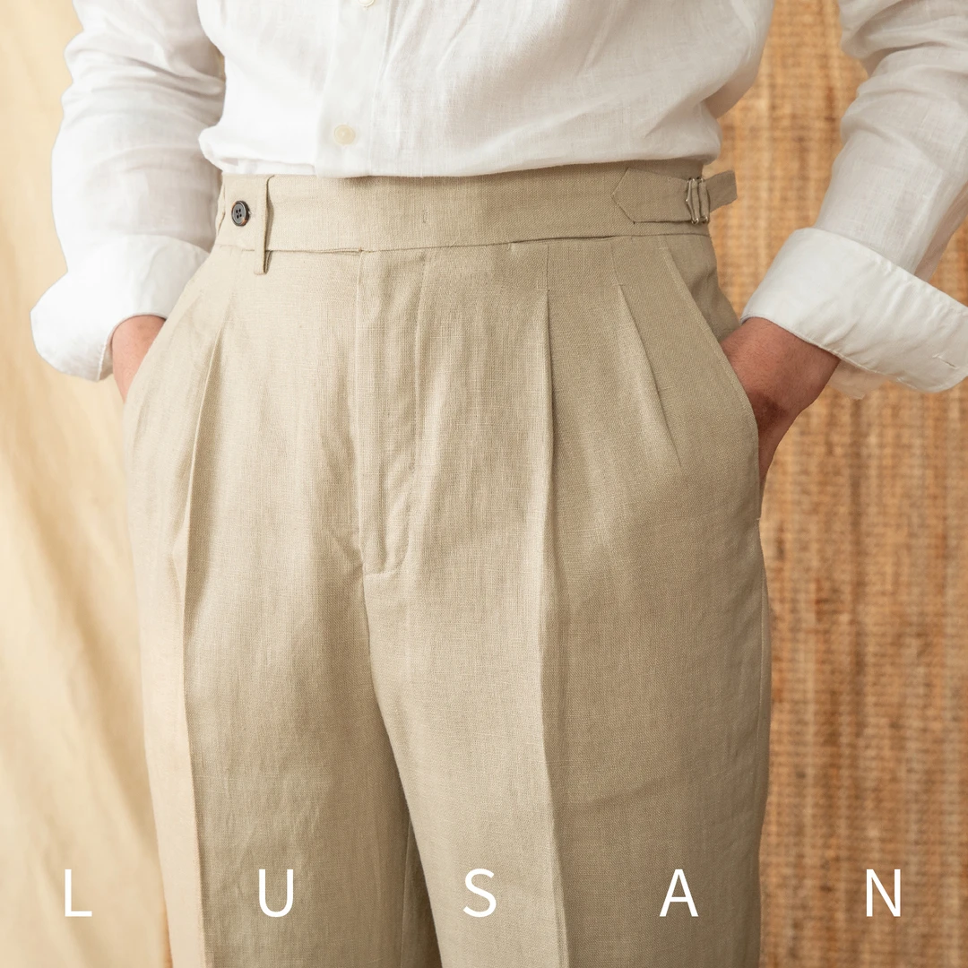 鹿三先生夏季意式那不勒斯透气亚麻高腰直筒宽松西裤休闲裤男