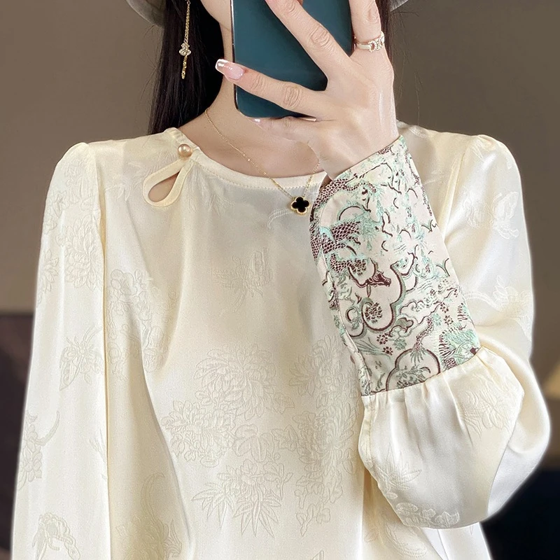 新中式丝绸缎面2025春夏女装新款缎面圆领衬衫暗花上衣T恤衬衫