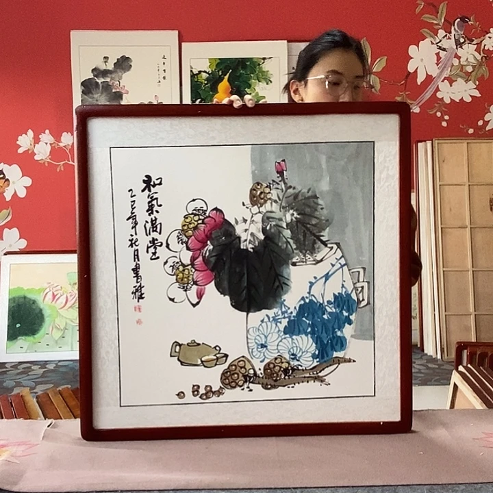 国画手写手绘带框包邮国画作品62✖️62