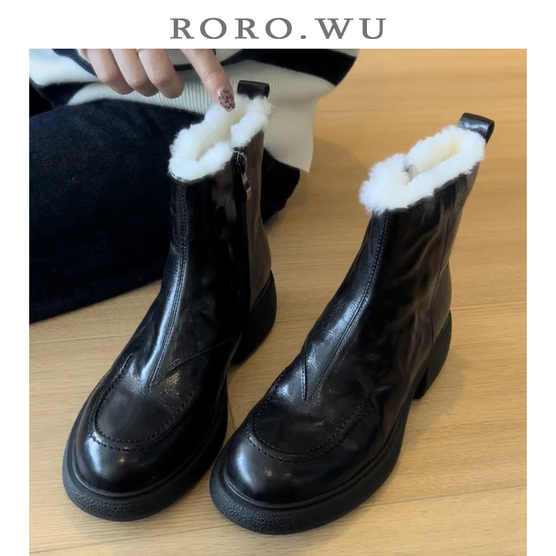 娆娆吴·羊皮冬季加绒加厚侧拉链马丁靴防滑静音百搭雪地靴女X179