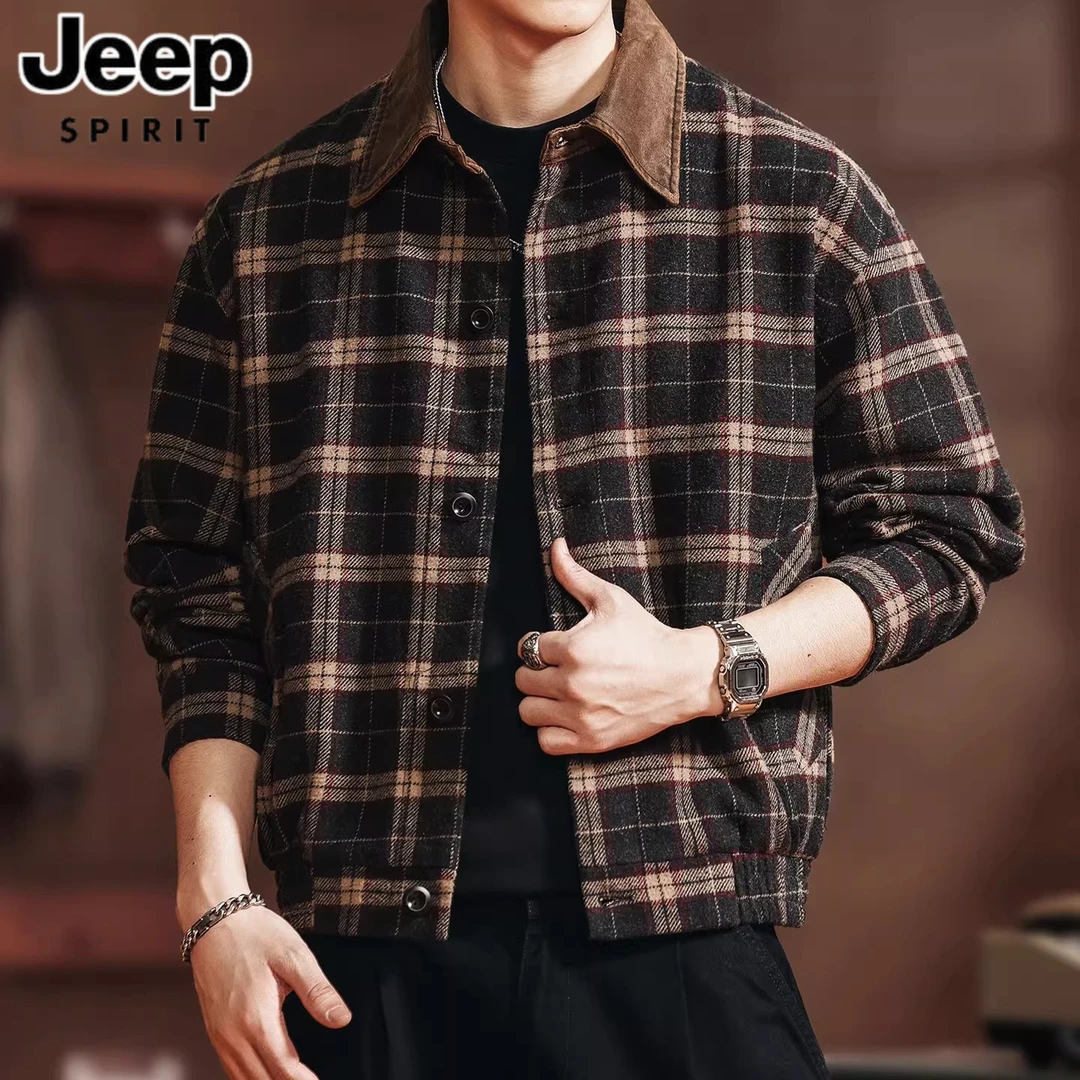 JEEP吉普美式复古羊毛混纺格子夹克男士秋季新款宽松休闲外套男款