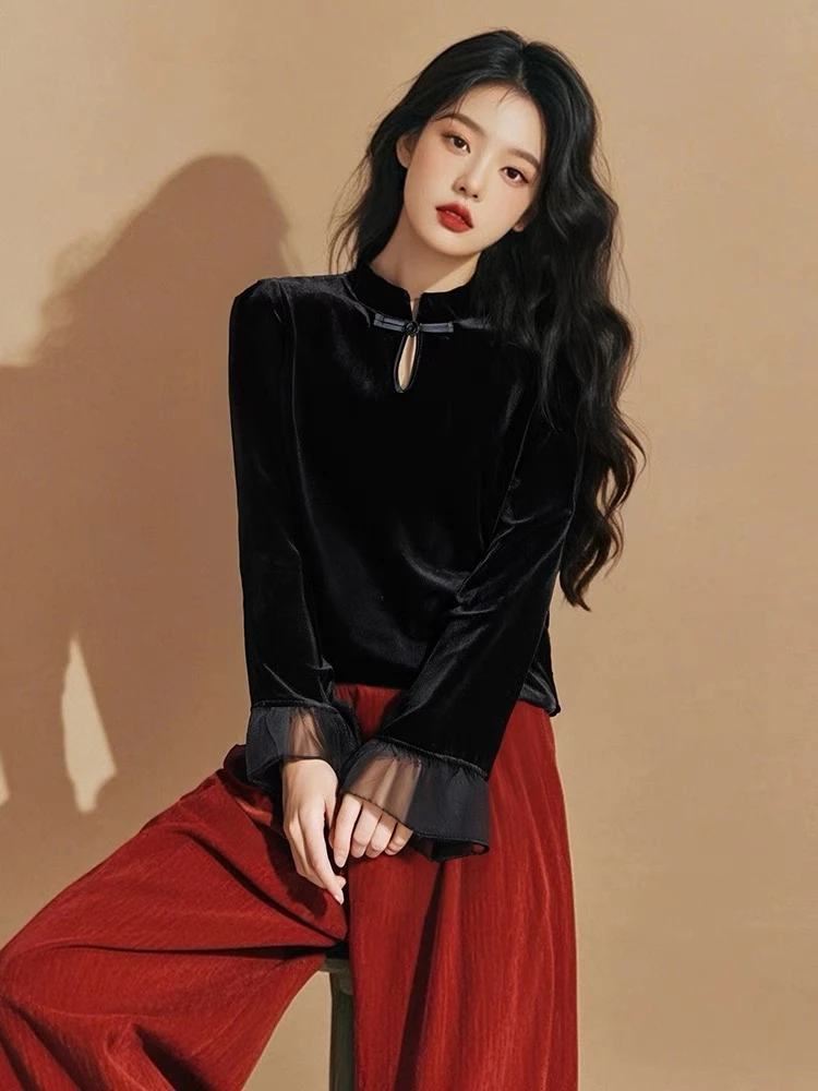 高级感贵气穿搭复古黑色拼接丝绒上衣休闲长裤新中式女装国风套装