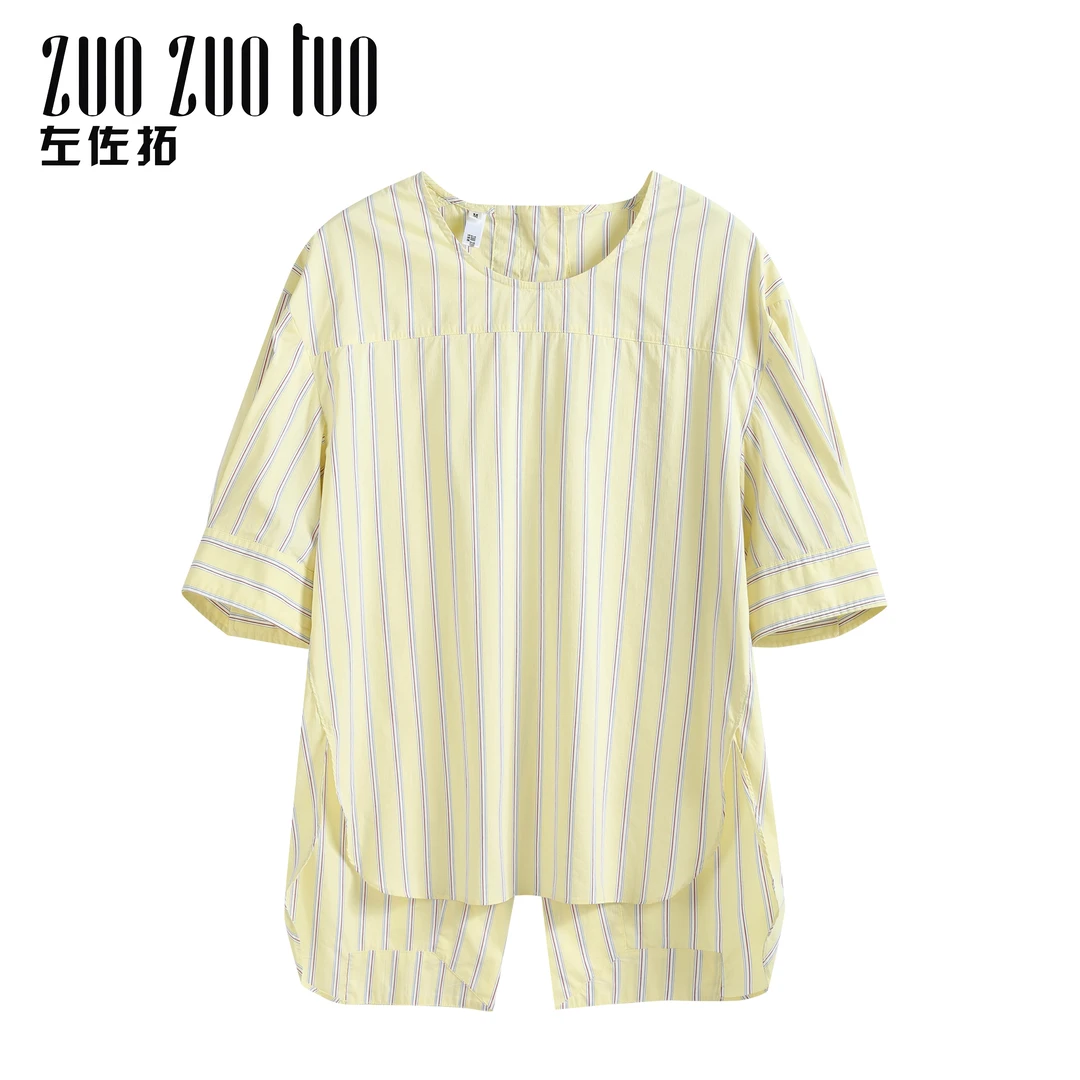 ZUOZUOTUO左佐拓新款夏季女条纹圆领套头休闲百搭衬衫7710