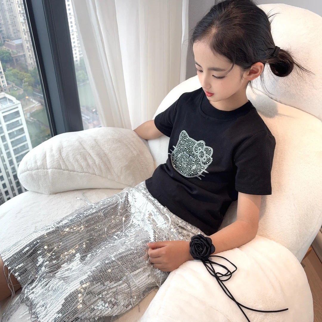 现货【小美人鱼】女童夏季新款流苏亮片气质法式半身裙+T恤AL2501
