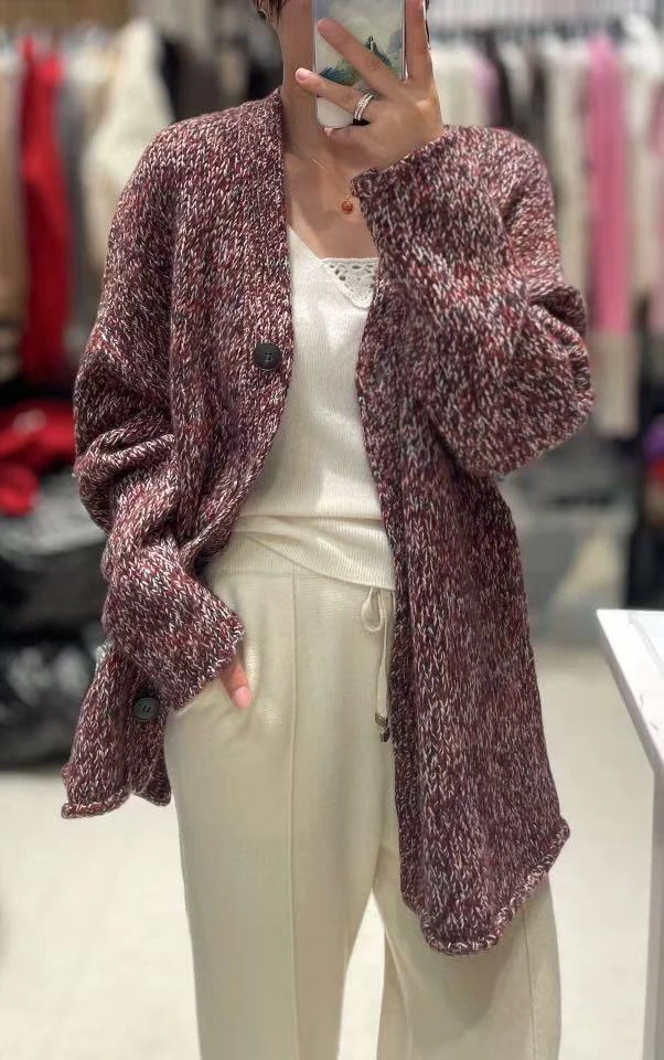 新款加厚V领8384开衫女宽松慵懒风针织百搭