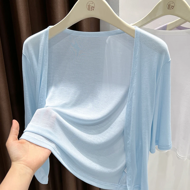 蓝色短款针织小开衫女爆款2025新款夏季配吊带裙外搭薄款披肩上衣