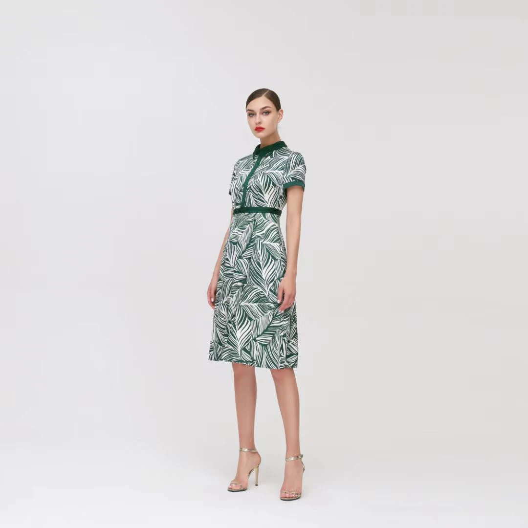 女款气质时尚女士潮流夏季收腰印花设计师绿色