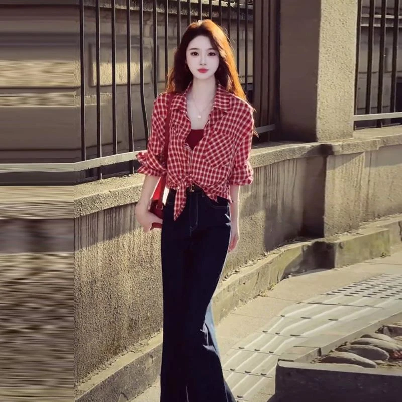红色格子长袖衬衫早秋女2025新款韩系设计感系带修身衬衣通勤上衣