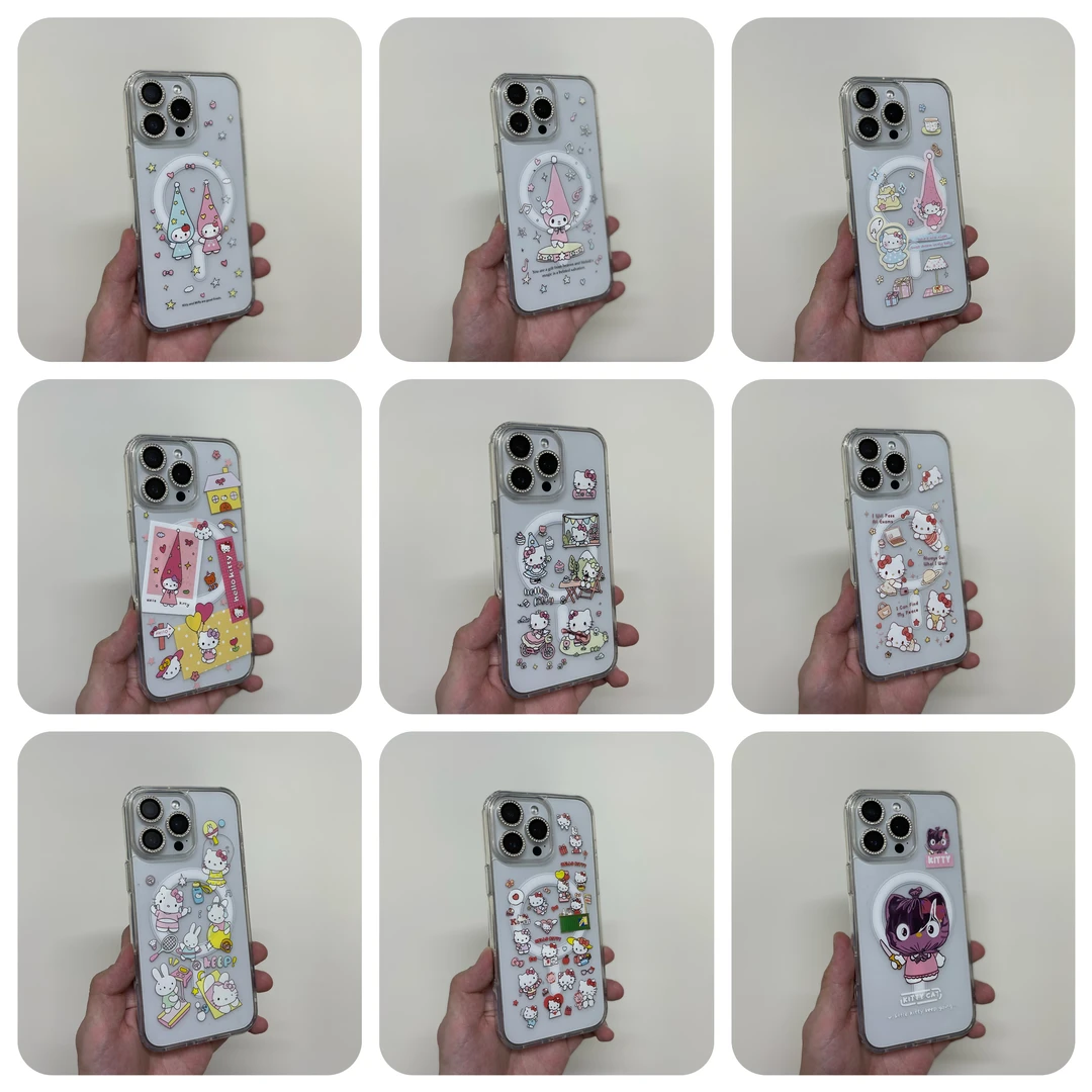 适用苹果iPhone手机壳全型号亚克力磁吸透明壳可爱卡通KT猫全包壳