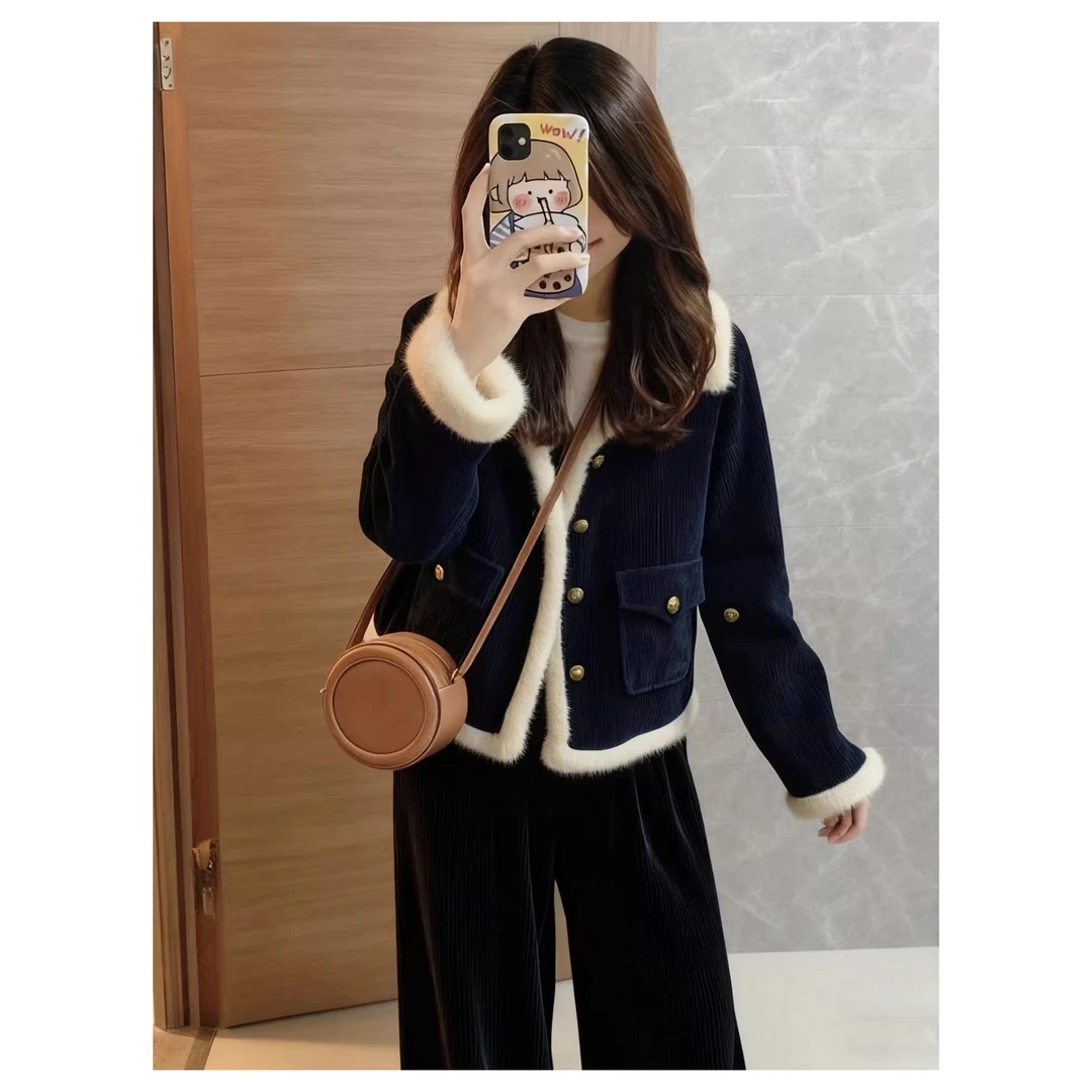 冬装巨好看的韩系一整套ootd穿搭小香风短款羊羔毛外套阔腿裤套装