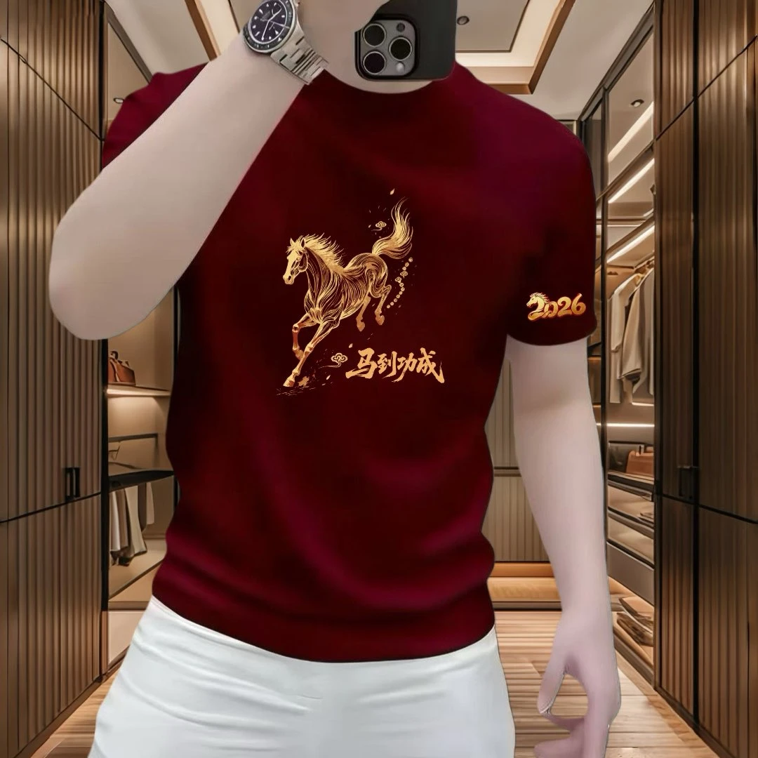 2026马年爆款纯棉骏马印花短袖T恤高级感T恤上衣