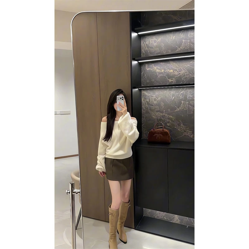 一字肩针织衫新款韩系高级宽松慵懒不规则上衣显瘦a字百搭半身裙