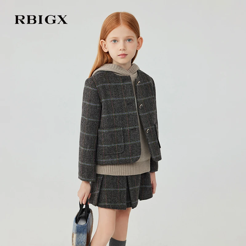 【100%羊毛】RBIGX瑞比克童装2025冬季新款格子女童条纹压褶半裙