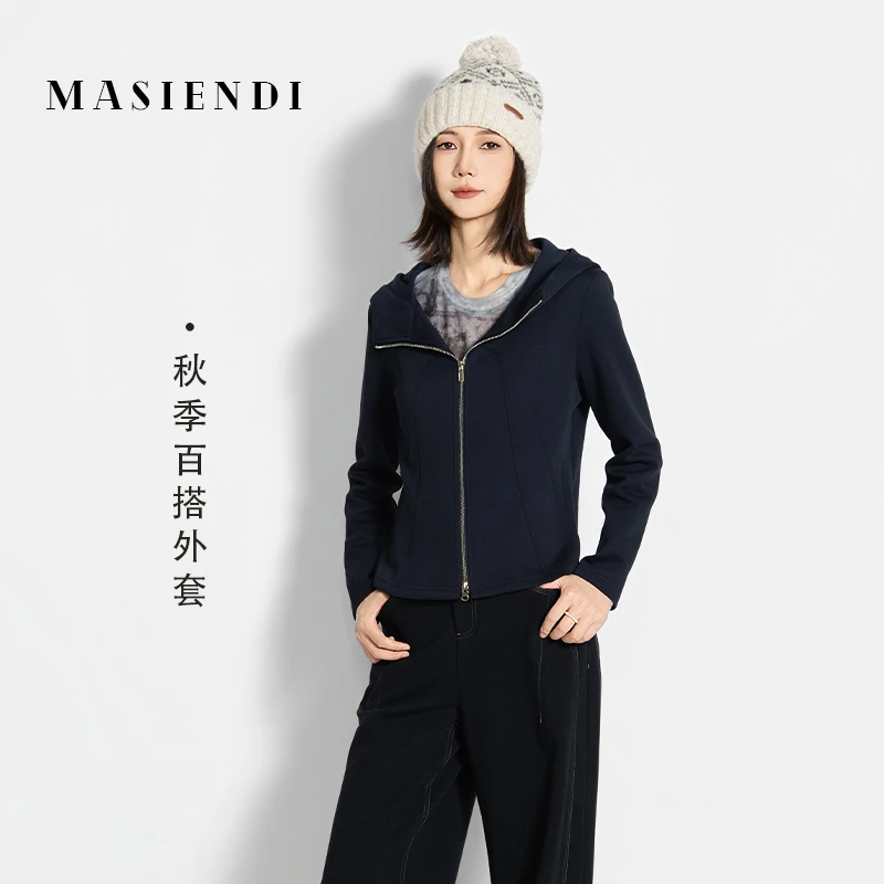 玛丝恩迪春秋休闲女修身薄款连帽拉链纯色长袖短上衣430677