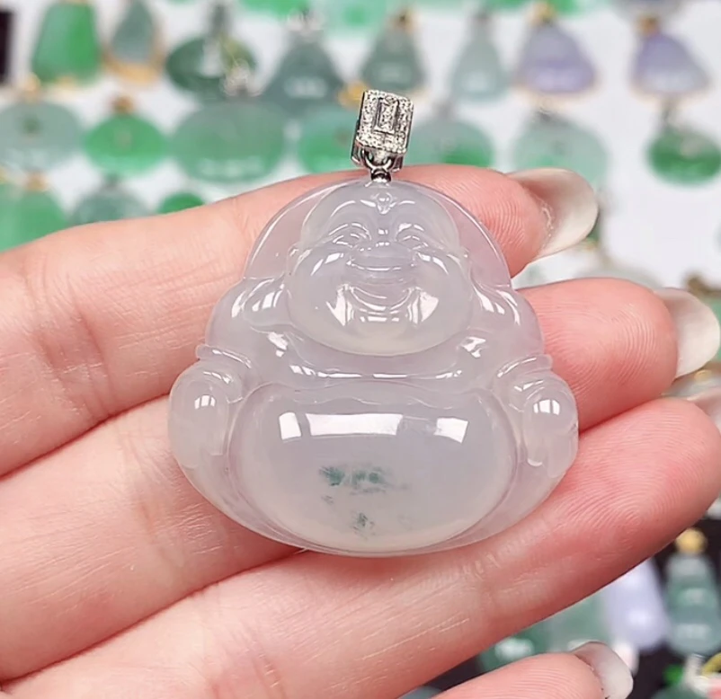 天然翡翠A货 18k金镶嵌飘花笑面佛吊坠36 裸石尺寸31.3x34.3x8.3