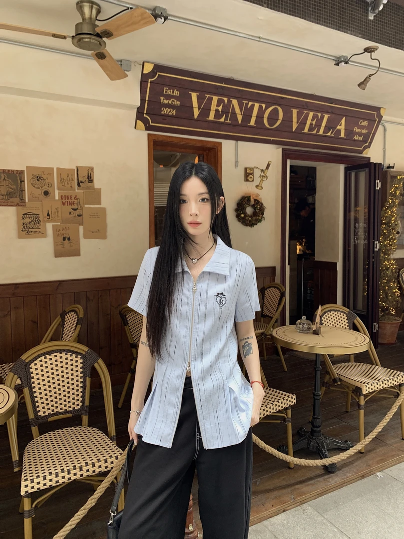 【吵吵家】浅蓝色双头拉链衬衫polo领街头风宽松小众女长袖开衫外套