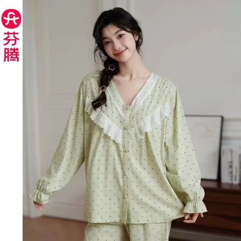 芬腾新品春夏100纯棉薄棉绿色波点时尚轻奢女士家居服套装睡衣