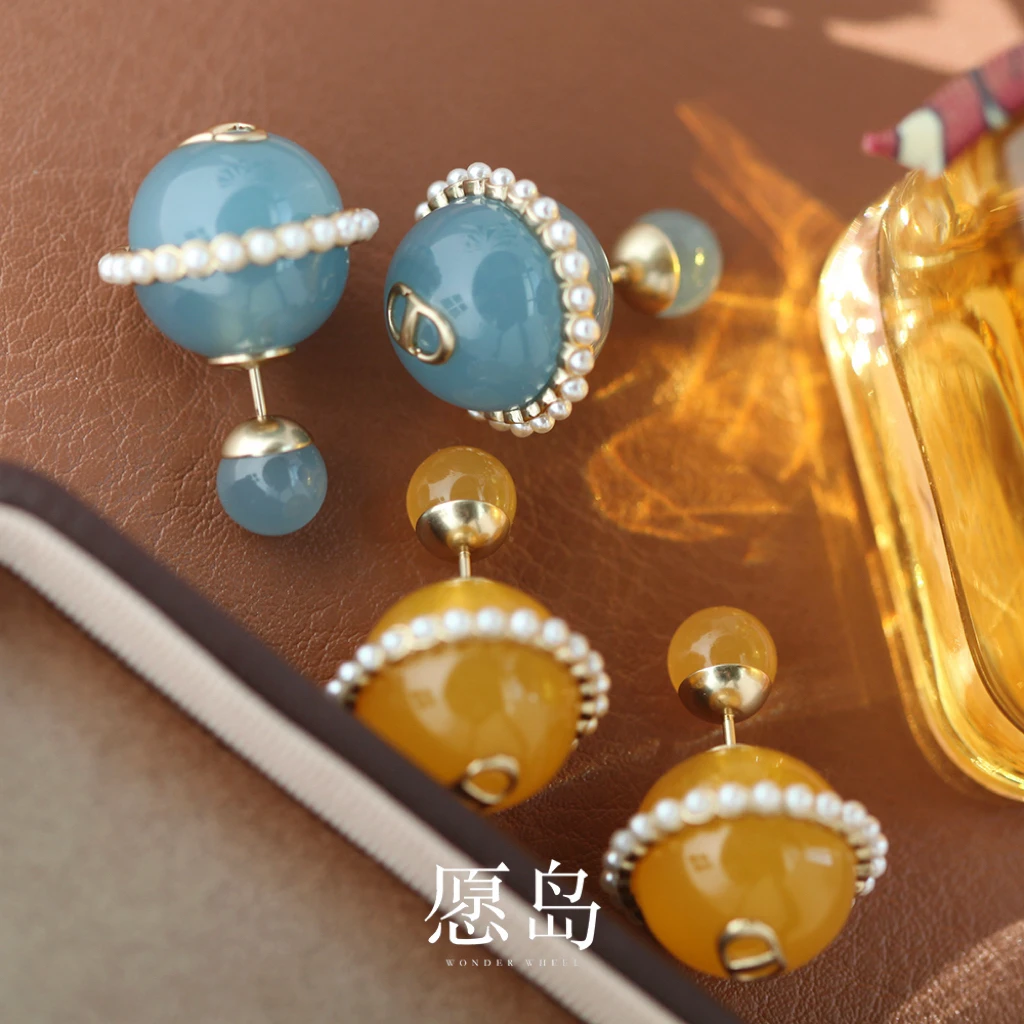 愿岛 黄铜树脂耳饰 法式复古气质前后戴果冻果冻仿珍珠耳钉EH2328