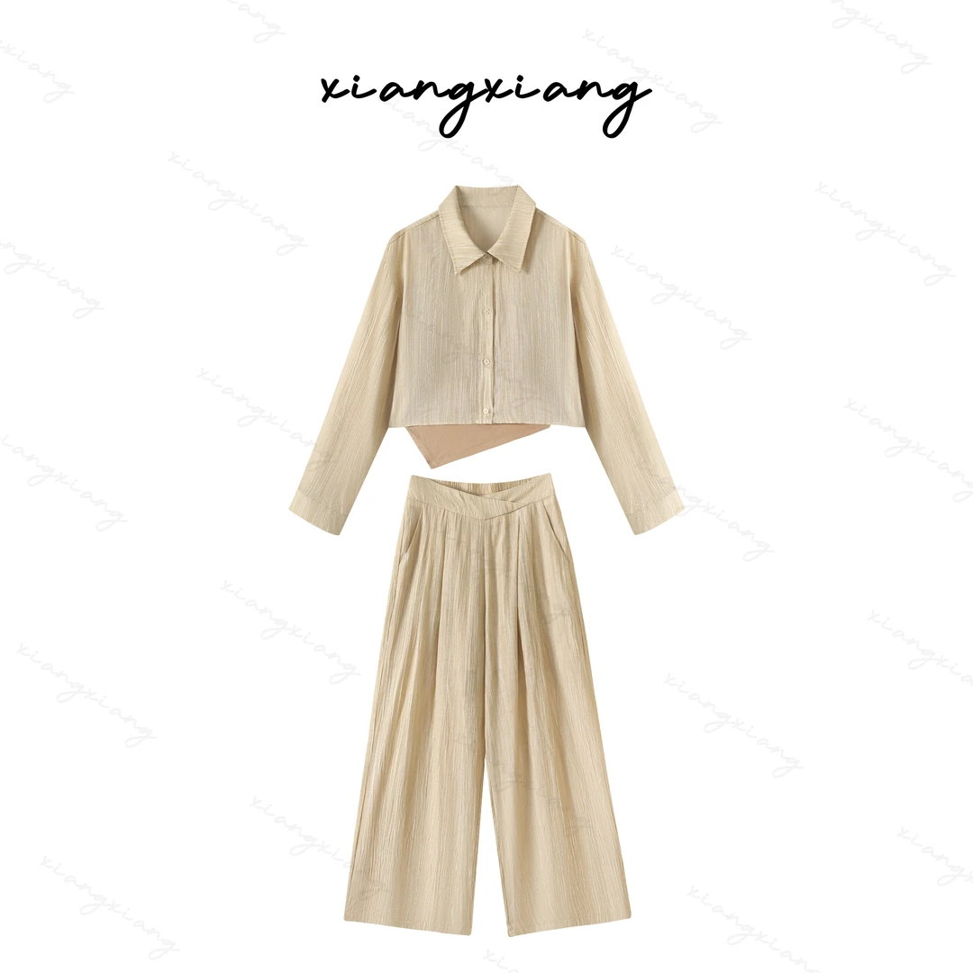 韩版高级感休闲套装女防晒衬衫吊带阔腿裤三件套