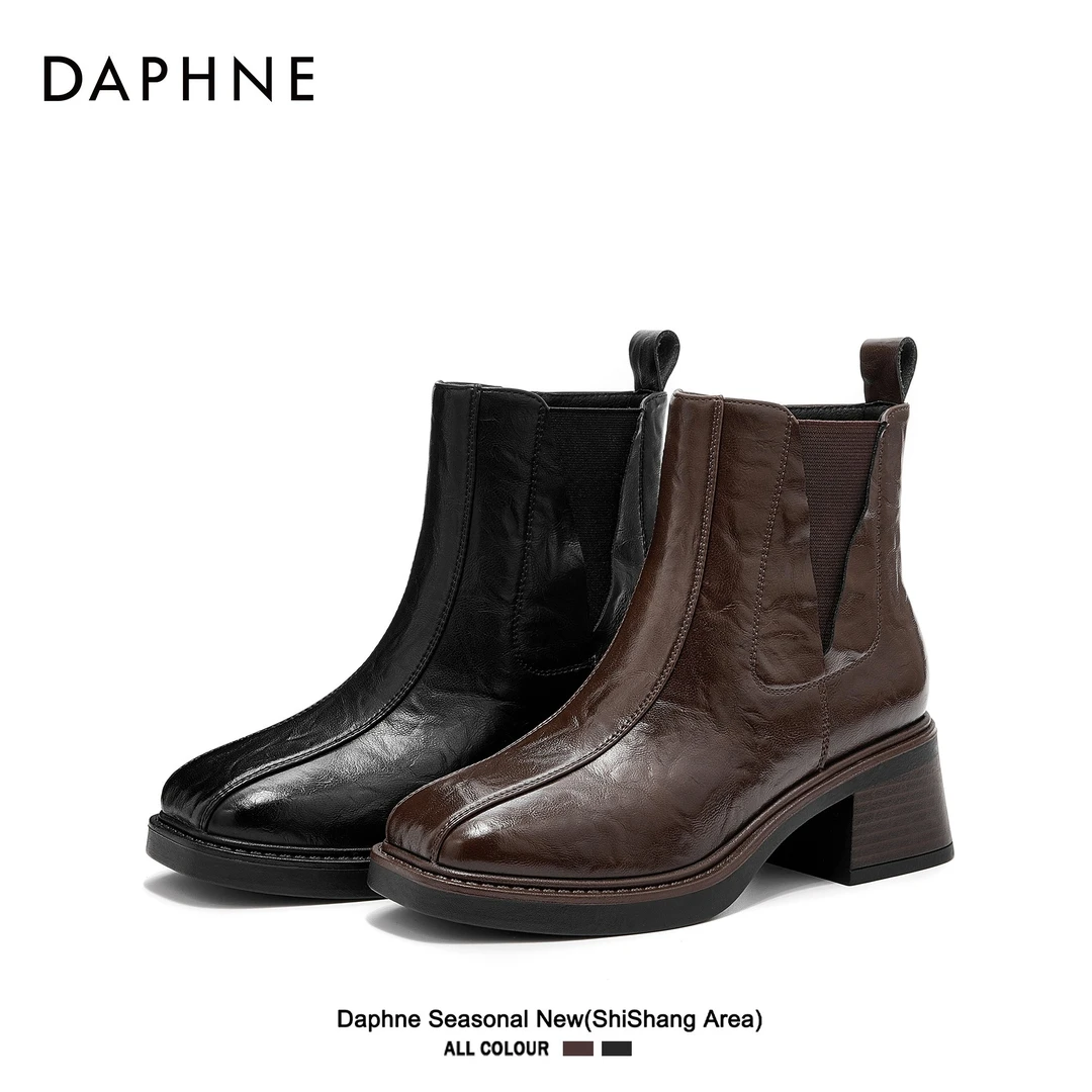 达芙妮美拉德风切尔西靴女2025新款秋冬方头粗跟高跟短靴复古靴