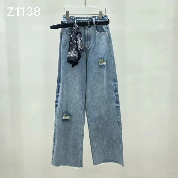 z1138浅蓝做旧磨破直筒牛仔裤he